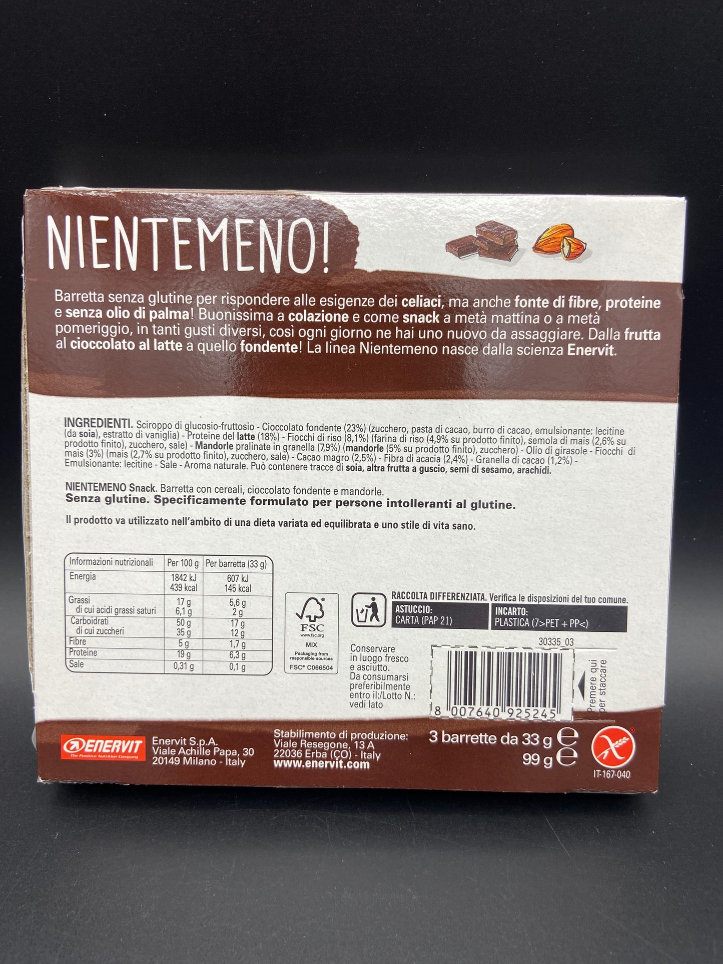 Nientemeno barretta cereali, cioccolato fondente e mandorle Enervit