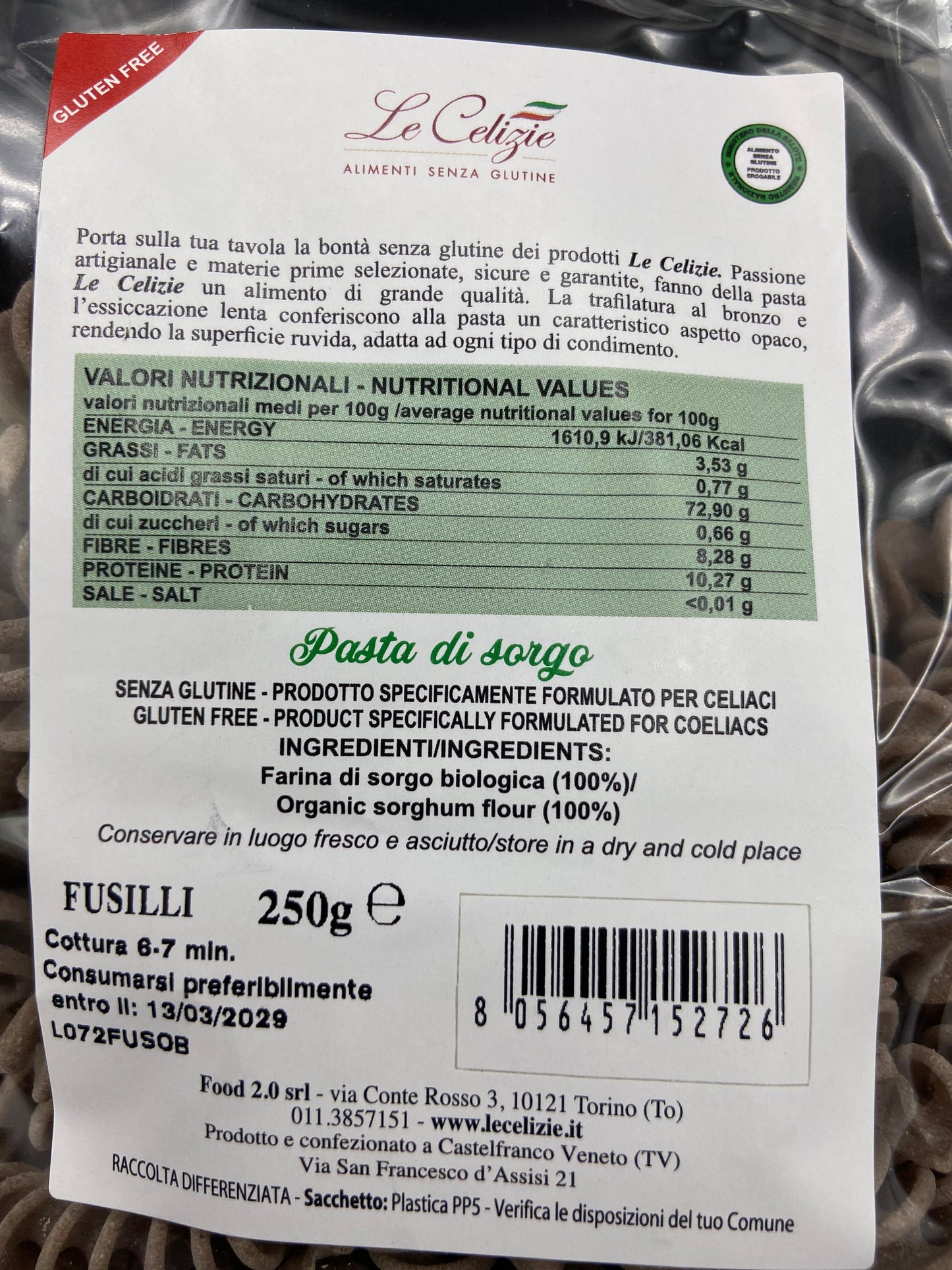 Pasta di sorgo- fusilli Le Celizie