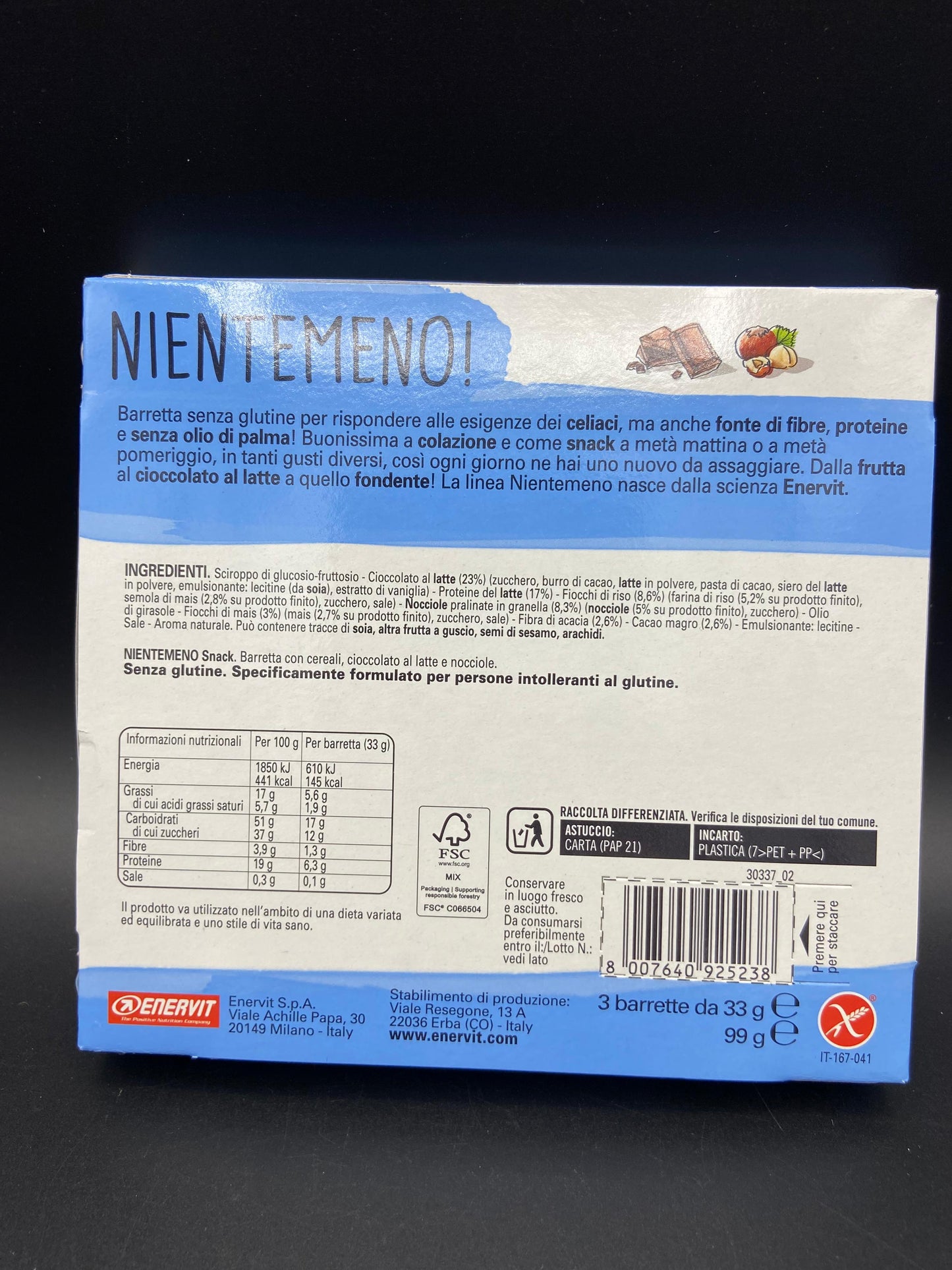 Nientemeno barretta cereali, cioccolato al latte e nocciole Enervit
